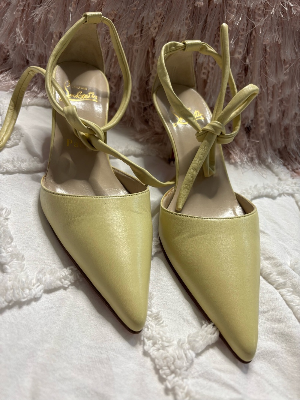 Christian Louboutin Celery Colored Leather Pointed-Toe Ankle-Tie Pumps